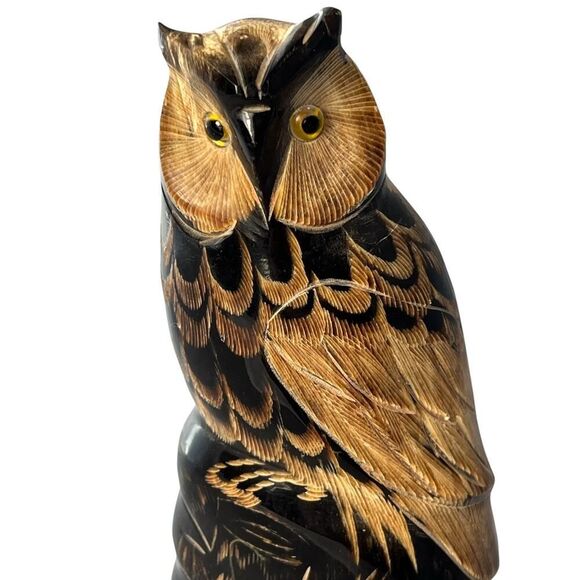 VTG Owl Buffalo Horn Hand Carved Wooden Base 6 3/4”Very Good Condition! - Picture 2 of 5